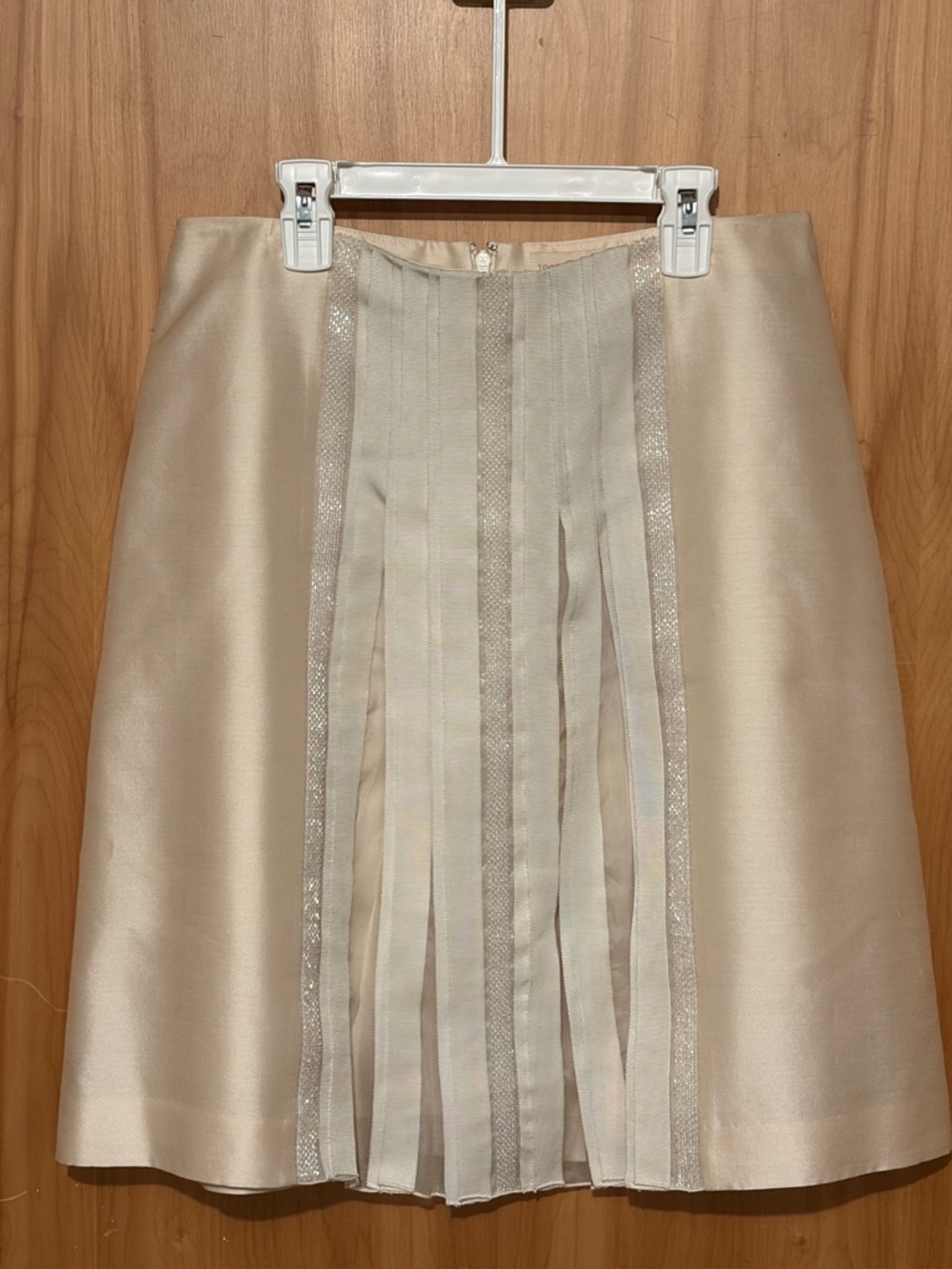 Tory Burch Champagne Satin A-Line Skirt with Pleated Center Panel